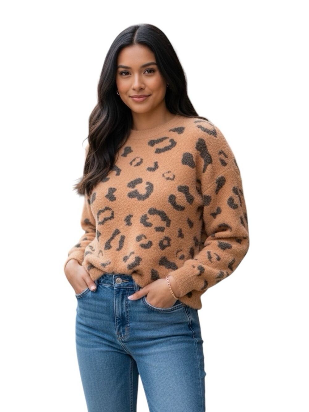 Simply Southern Leopard Fuzzy Sweater Size M Camel Black Cozy Comfy